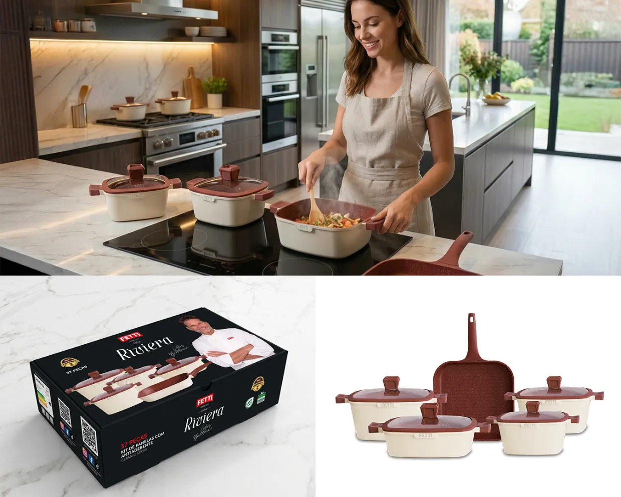 Kit Linha Dominus da Fetti: panelas em uso na cozinha, embalagem com dimensões e conjunto completo de peças